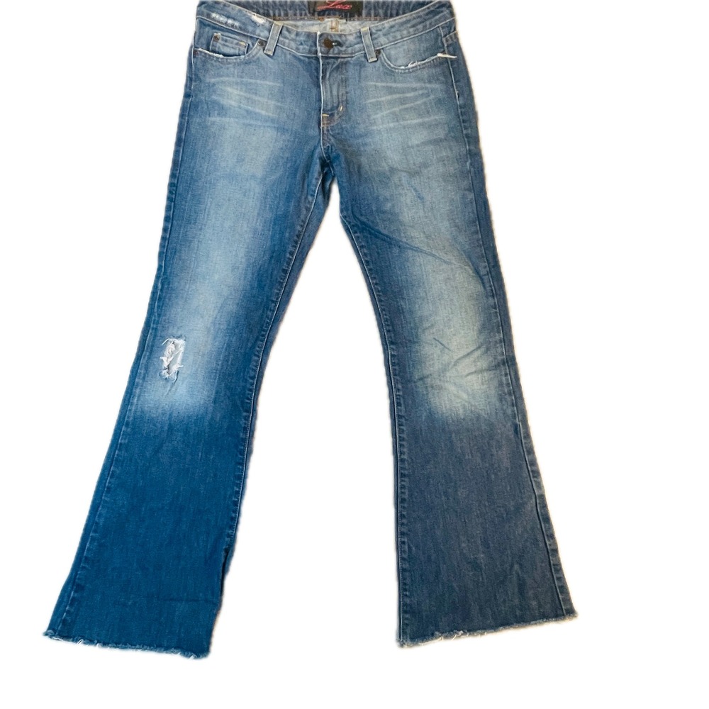 Lux Flare Jeans Women 30 Blue Low Rise Distressed Raw Hem Denim Y2K Boho Vintage